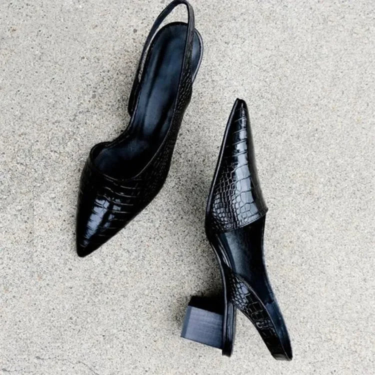 Rosa | Slingback Pumps Sort Kroko Læderlook Blokhæl til Kvinder