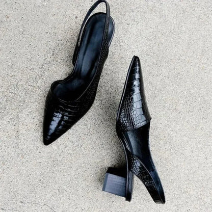 Rosa | Slingback Pumps Sort Kroko Læderlook Blokhæl til Kvinder