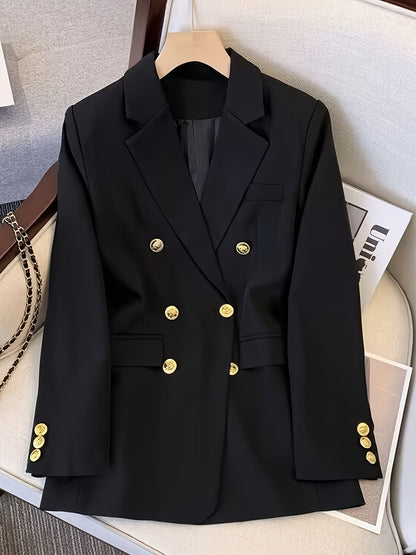Louise | Blazer Sort Vævet Dobbeltradet med Guldknapper til Kvinder