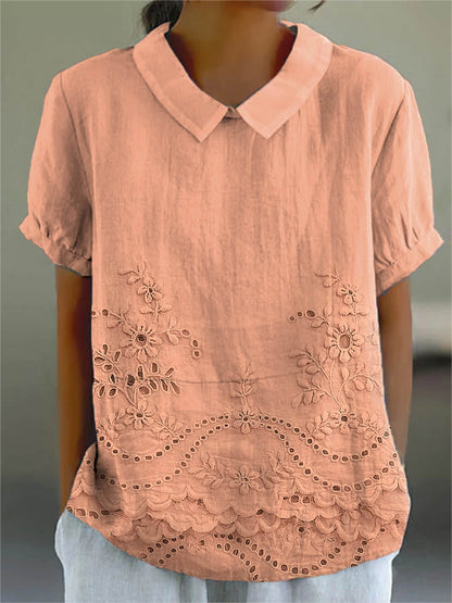 Vivette | Bluse Lyserød Bomuld-Lin Broderi Peter Pan-Krave til Kvinder