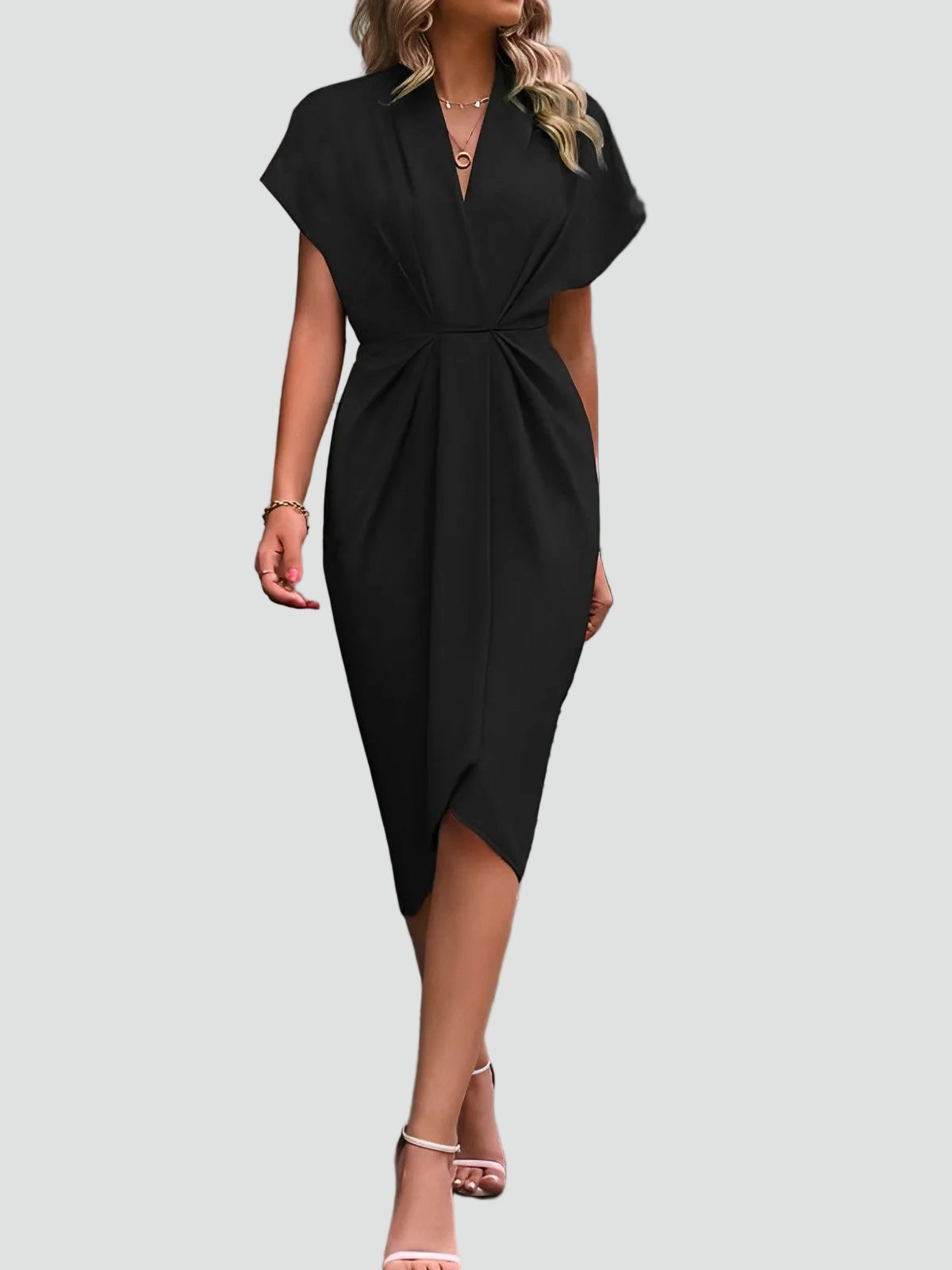 Amalie | Midi Omslagskjole Beige Festkjole V-hals til Kvinder
