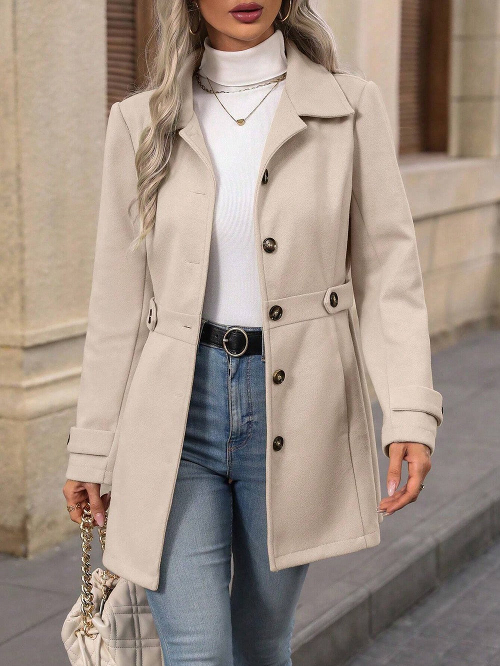 Danielle | Overgangsjakke Beige Uld Getailleret Knapper til Kvinder
