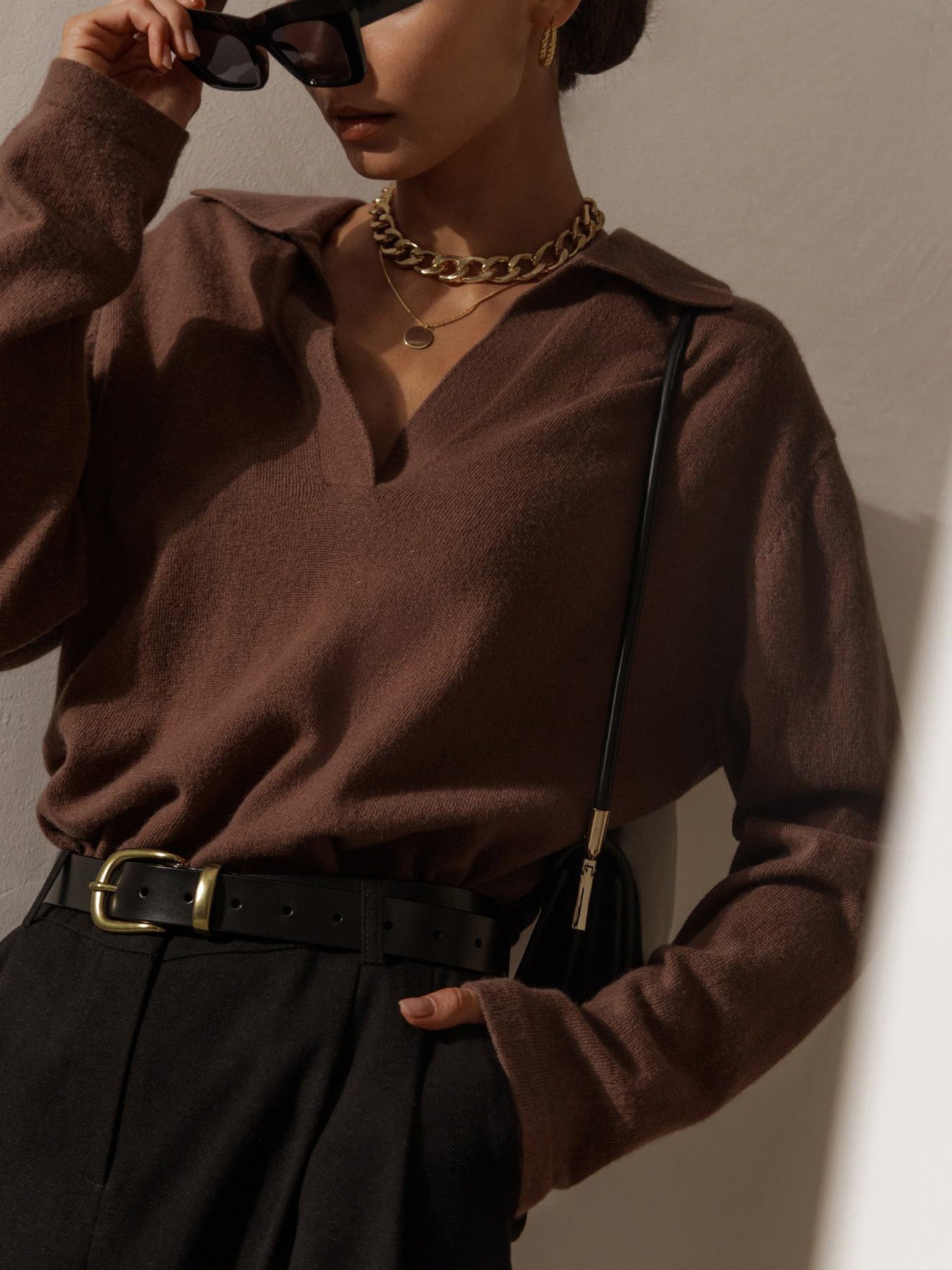 Lucía | Striktrøje Beige Uld Polo-krave V-hals til Kvinder