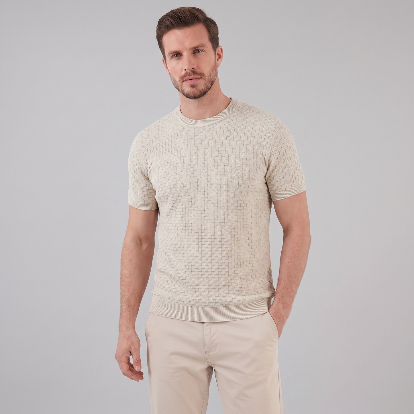 David | Strik T-Shirt Beige Kurveflet Regular Fit til Mænd