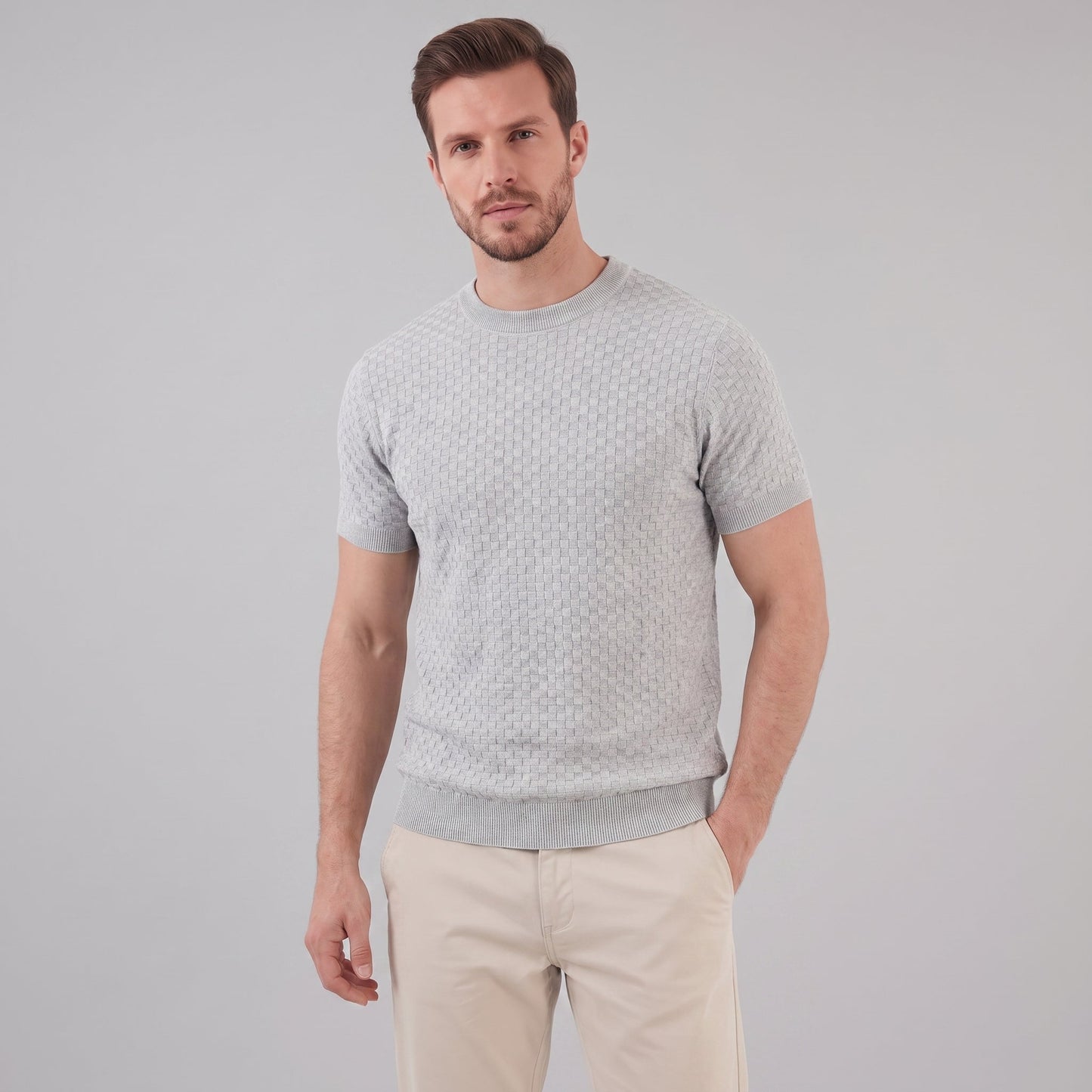 David | Strik T-Shirt Beige Kurveflet Regular Fit til Mænd