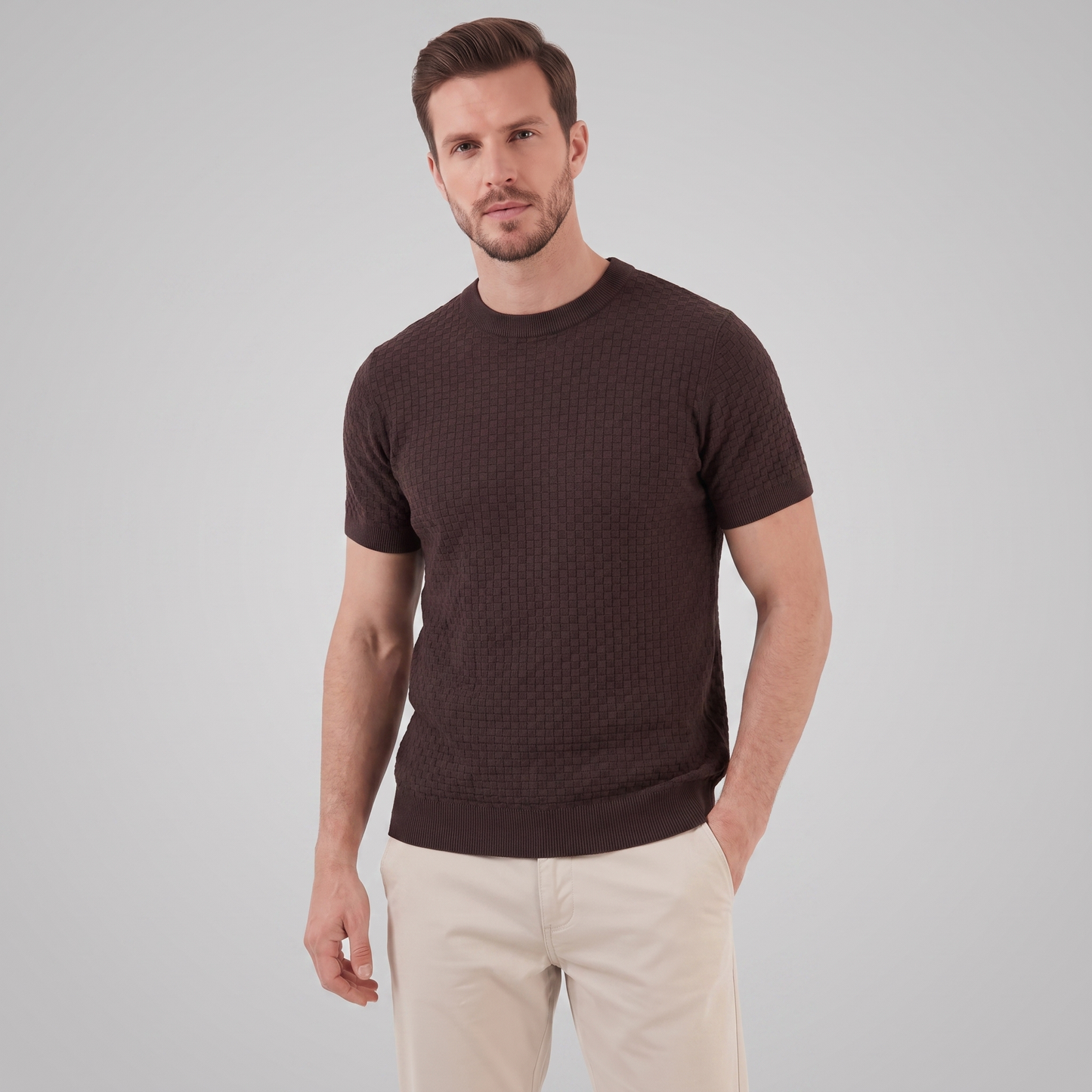 David | Strik T-Shirt Beige Kurveflet Regular Fit til Mænd
