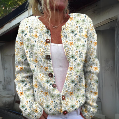 Viveca | Cardigan Hvid Blomstret Strik Knaplukning til Kvinder