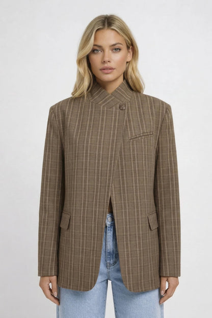 Viveca | Blazer Beige Ternet Uldlook Asymmetrisk Lukning til Kvinder