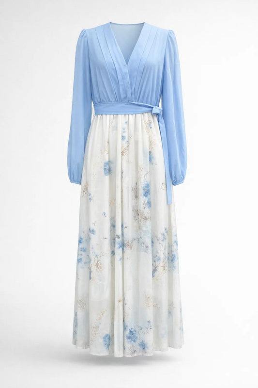 Lisandra | Maxi Kjole til Bryllup Lyseblå Blomstret Chiffon V-Hals til Kvinder