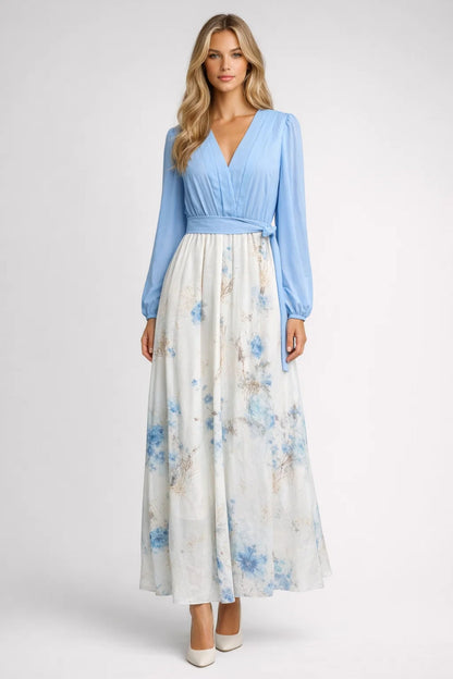 Florentina | Maxi Festkjole Lyseblå Blomstret Chiffon V-hals til Kvinder