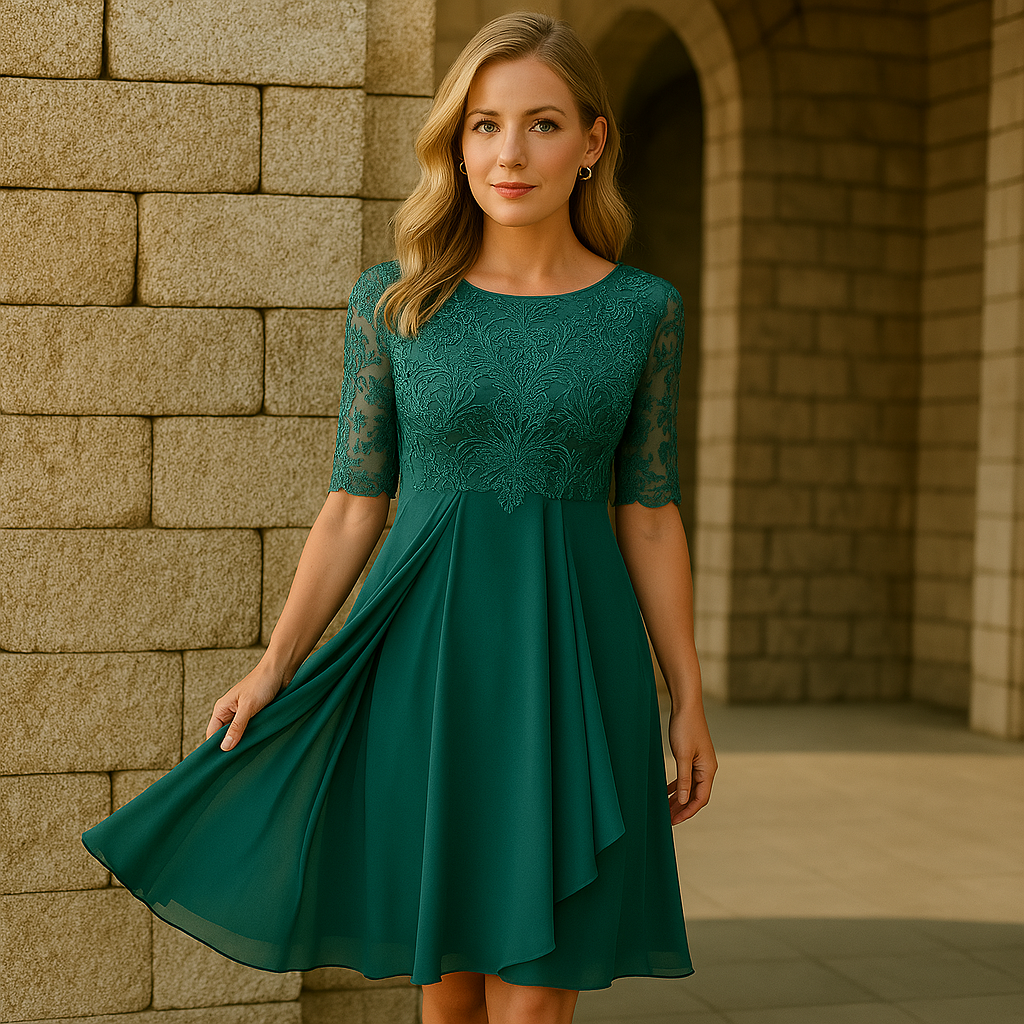 Cordelia | Midi Festkjole Støvet Blå Blonde Chiffon 3/4-ærme til Kvinder