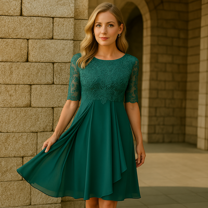Cordelia | Midi Festkjole Støvet Blå Blonde Chiffon 3/4-ærme til Kvinder