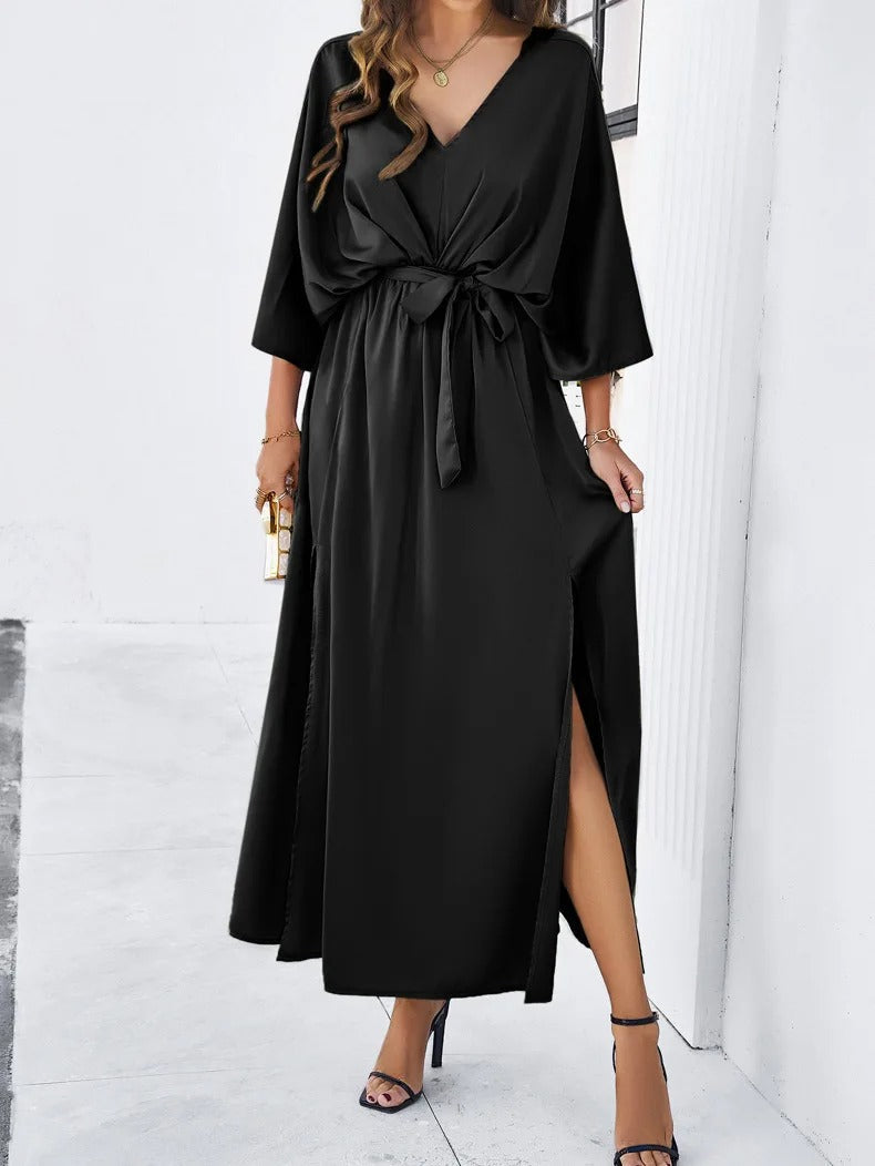 Vesna | Maxi Kjole Beige Satin V-Hals Bindebånd til Kvinder