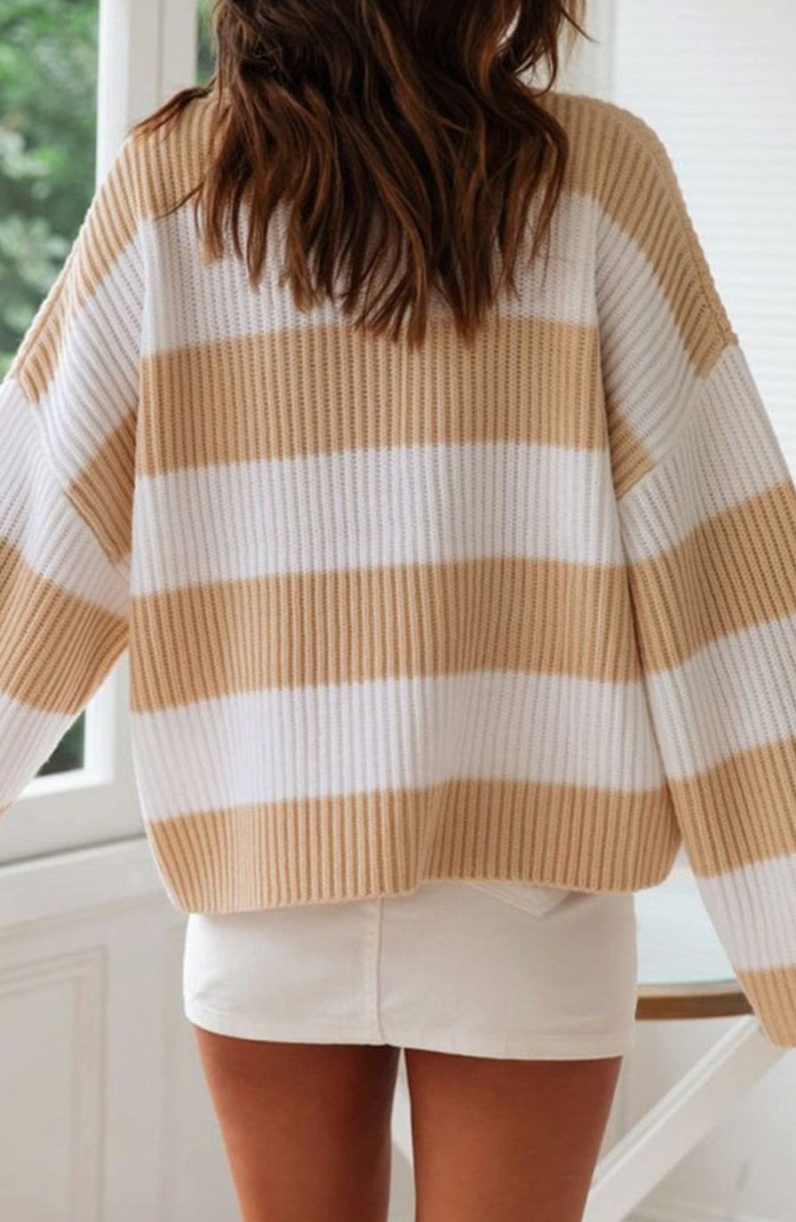 Ingrid | Oversized Strikpullover Salviegrøn Hvid Stribet Rundhals til Kvinder