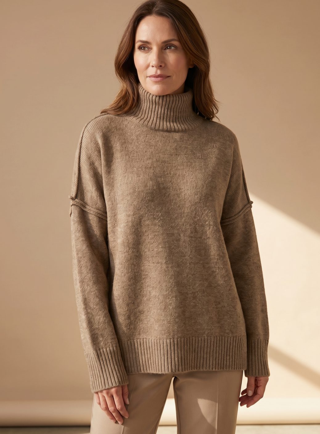 Dagmar | Strikset Sandbrun Rullekrave Oversize til Kvinder