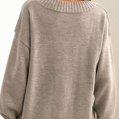 Mette | Oversized Strikpullover Beige Ribbet V-hals til Kvinder