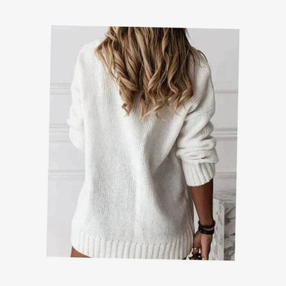 Mette | Oversized Strikpullover Beige Ribbet V-hals til Kvinder