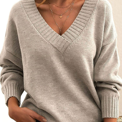 Mette | Oversized Strikpullover Beige Ribbet V-hals til Kvinder