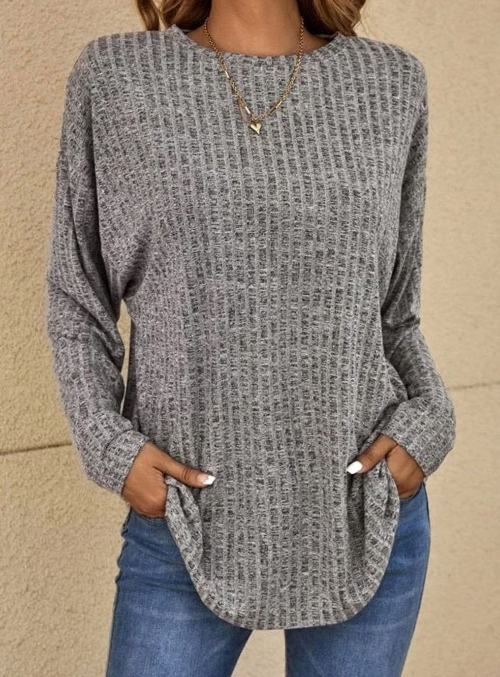 Johanne | Oversized Strikpullover Antracit Waffelstrik Rundhals til Kvinder