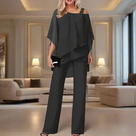 Serilda | To-Delt Sæt Sort Chiffon Asymmetrisk Top og Bukser til Kvinder