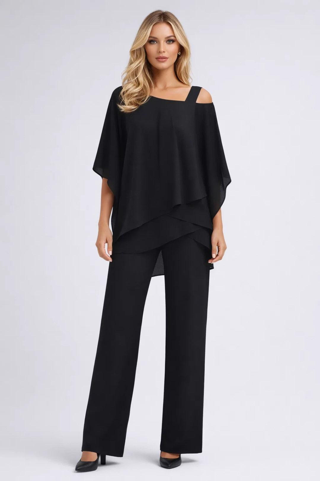 Edmée | Festsæt Kongeblå Chiffon Asymmetrisk Top og Vide Bukser til Kvinder