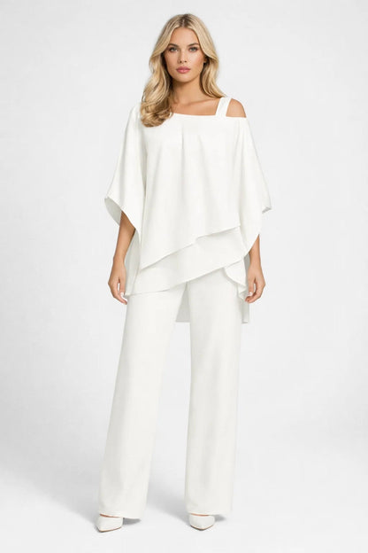 Edmée | Festsæt Kongeblå Chiffon Asymmetrisk Top og Vide Bukser til Kvinder