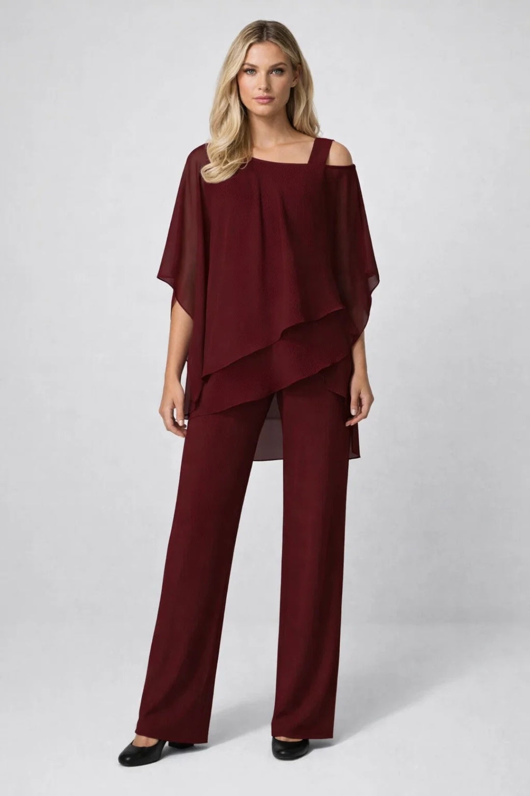 Edmée | Festsæt Kongeblå Chiffon Asymmetrisk Top og Vide Bukser til Kvinder