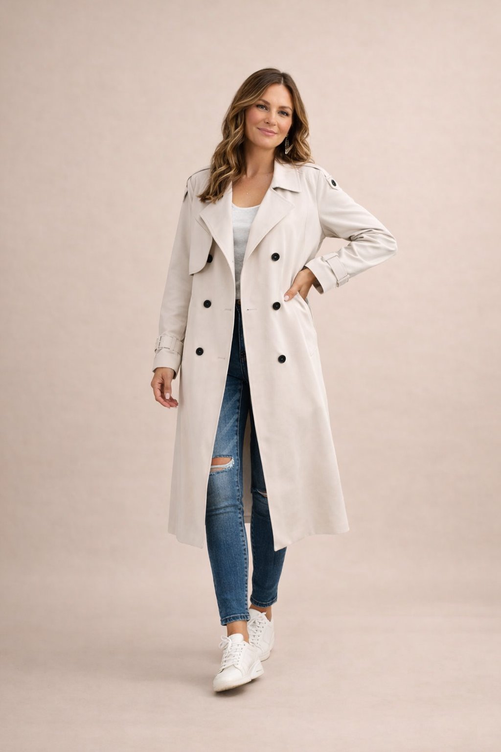 Lucrezia | Trenchcoat Beige Dobbeltknappet Maxi til Kvinder