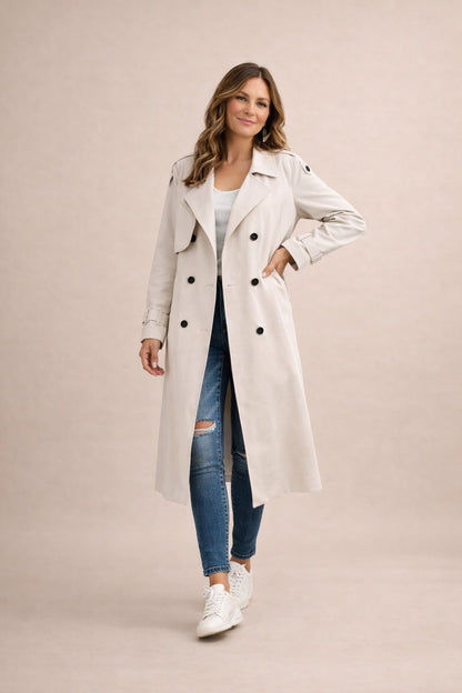 Lucrezia | Trenchcoat Beige Dobbeltknappet Maxi til Kvinder