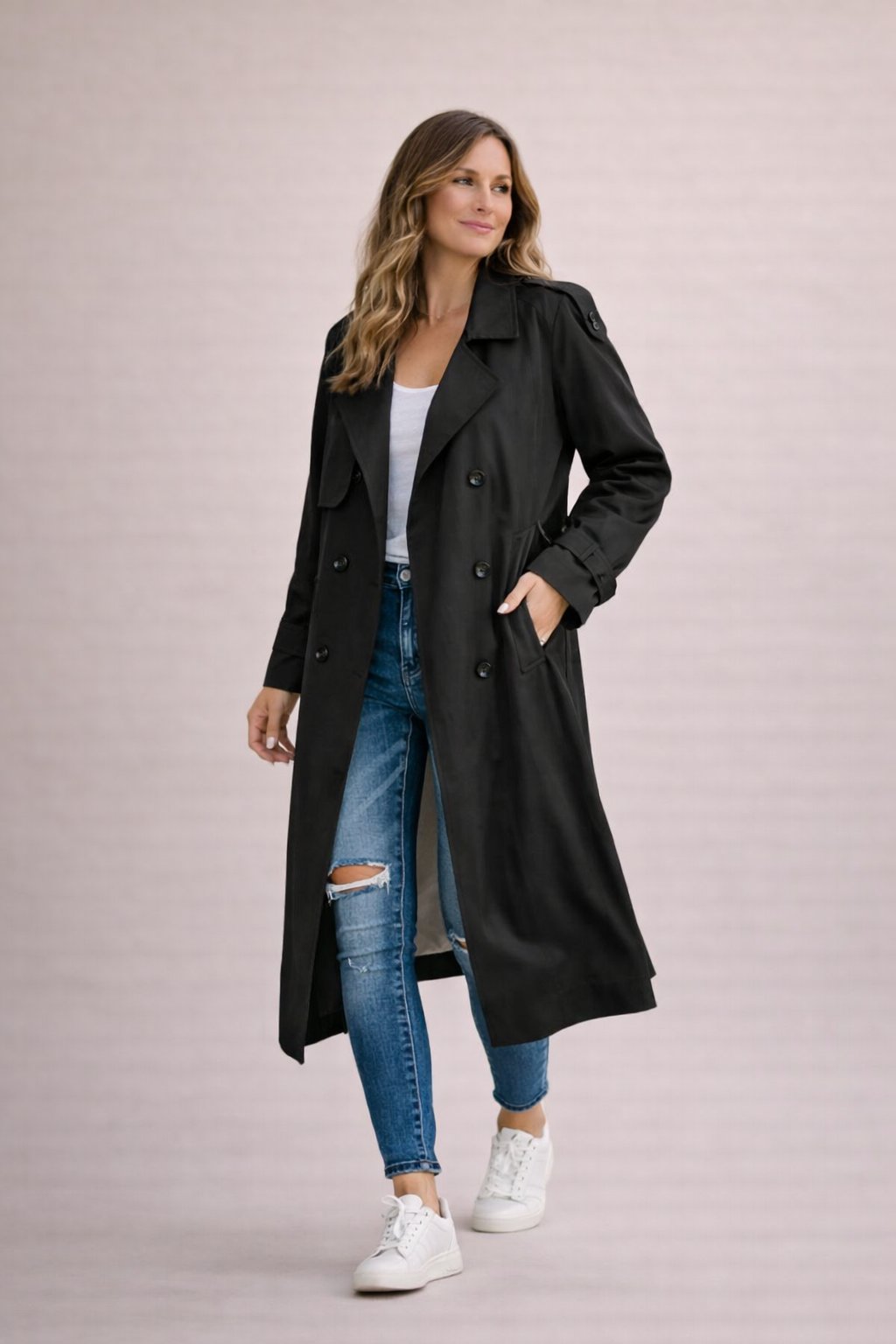 Lucrezia | Trenchcoat Beige Dobbeltknappet Maxi til Kvinder
