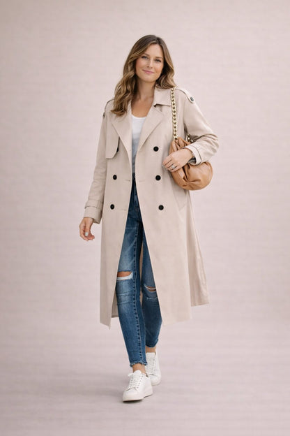 Améline | Trenchcoat Beige Dobbeltknappet Maxi til Kvinder
