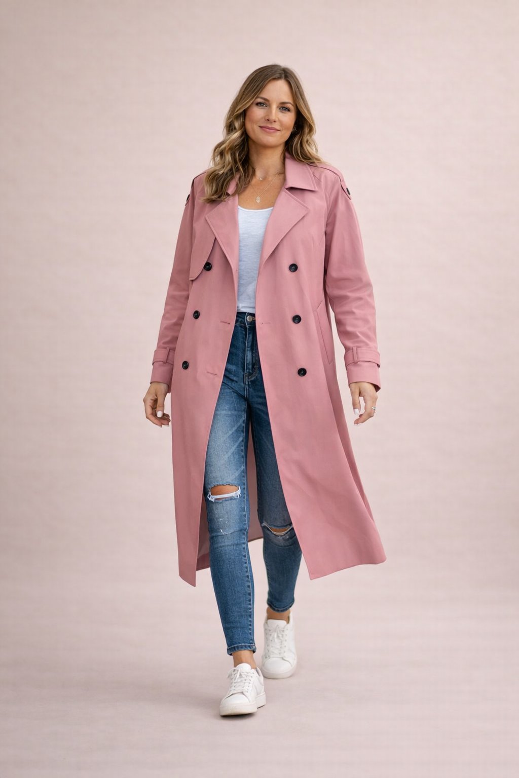 Lucrezia | Trenchcoat Beige Dobbeltknappet Maxi til Kvinder