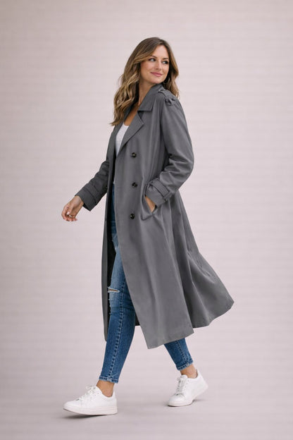 Céliane | Trenchcoat Beige Dobbeltradet Bælte Langærmet til Kvinder