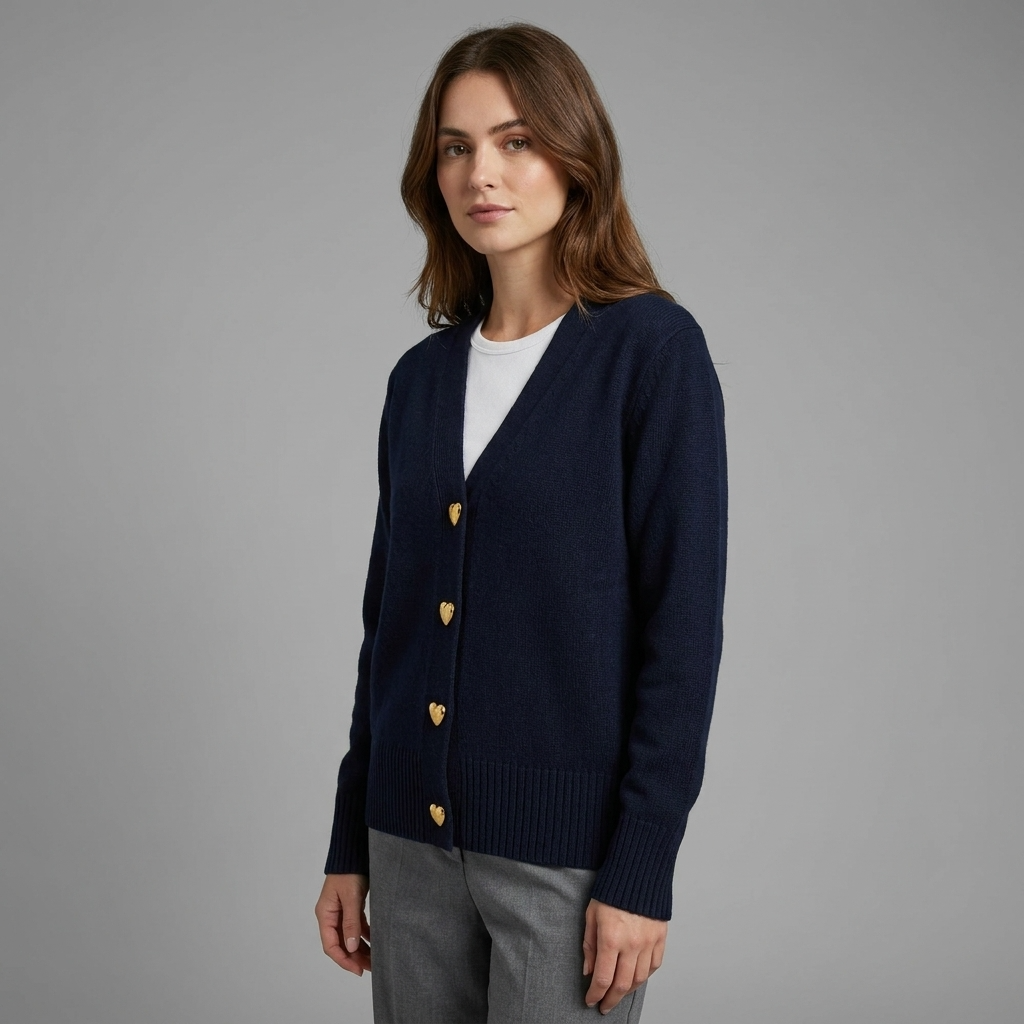 Beatrice | Cardigan Marineblå Uld V-Hals Guldknapper til Kvinder