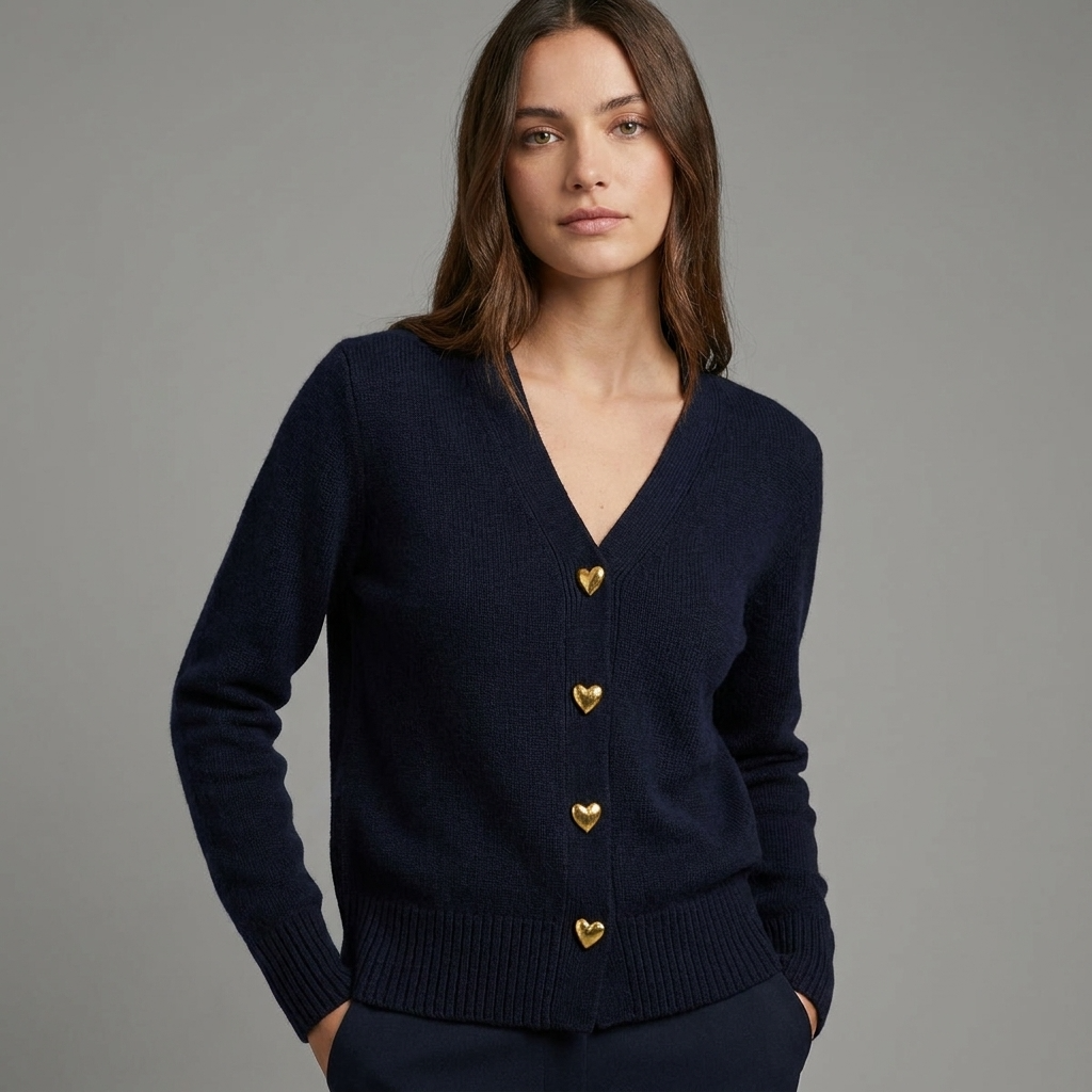 Beatrice | Cardigan Marineblå Uld V-Hals Guldknapper til Kvinder