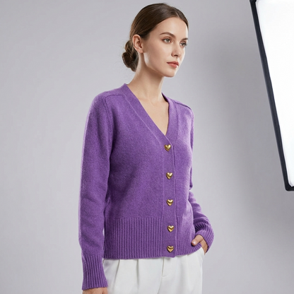 Beatrice | Cardigan Marineblå Uld V-Hals Guldknapper til Kvinder