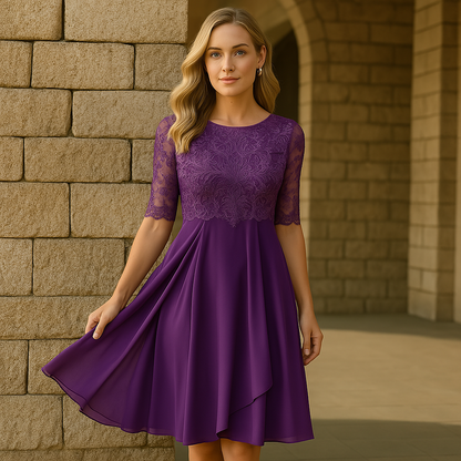 Cordelia | Midi Festkjole Støvet Blå Blonde Chiffon 3/4-ærme til Kvinder