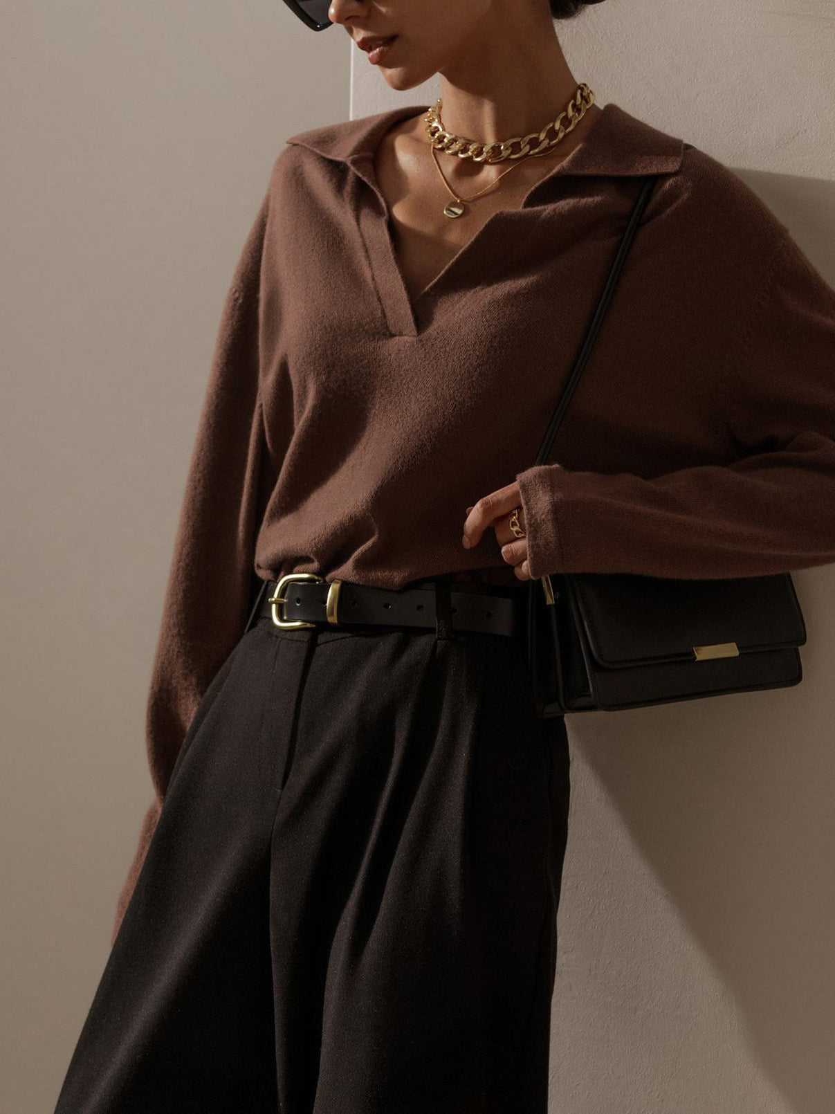 Lucía | Striktrøje Beige Uld Polo-krave V-hals til Kvinder