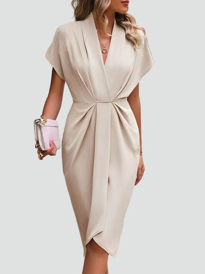 Véronique | Midi Festkjole Beige Wrap V-hals Kortærmet til Kvinder