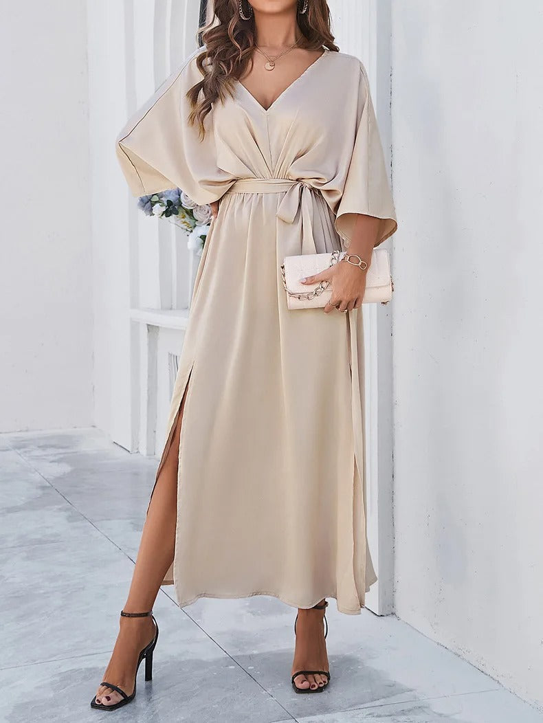 Vesna | Maxi Kjole Beige Satin V-Hals Bindebånd til Kvinder