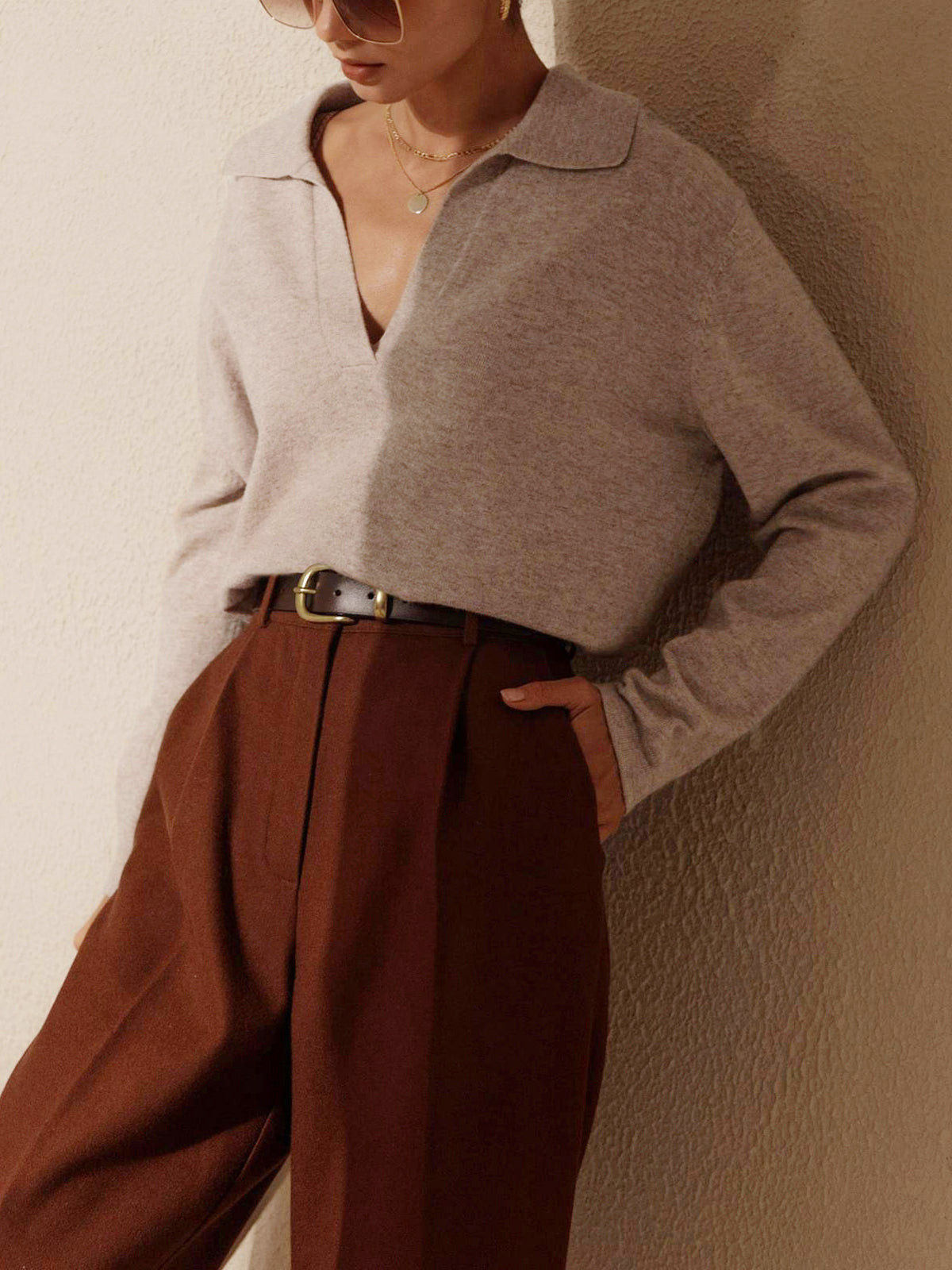 Lucía | Striktrøje Beige Uld Polo-krave V-hals til Kvinder