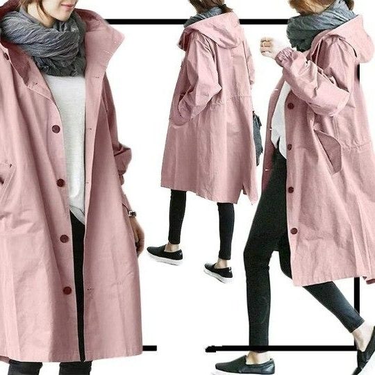 Ragnhild | Lang Regnfrakke Gråbeige Trykknapper til Kvinder