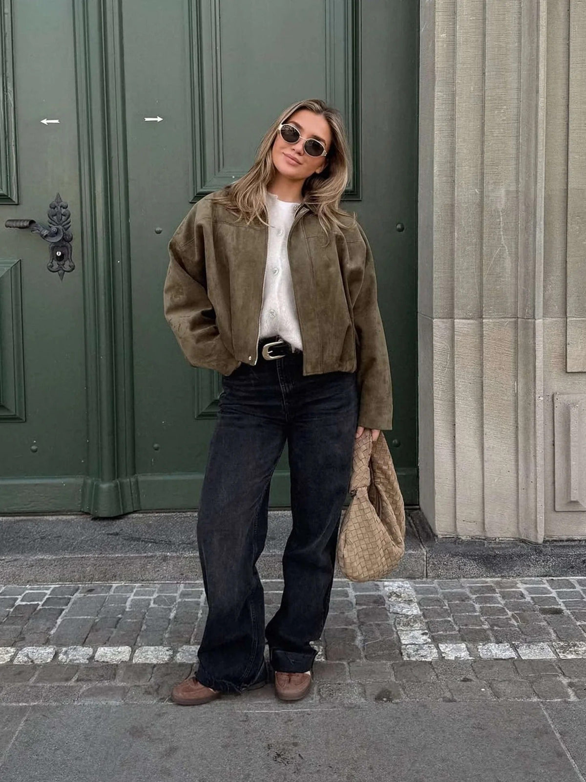 Gunhild | Bomberjakke Oliven Ruskindslook Oversized til Kvinder