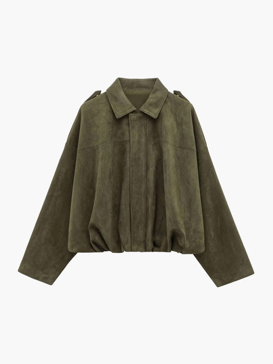 Gunhild | Oversized Olive Suede-Look Bomber Jacket for Women
