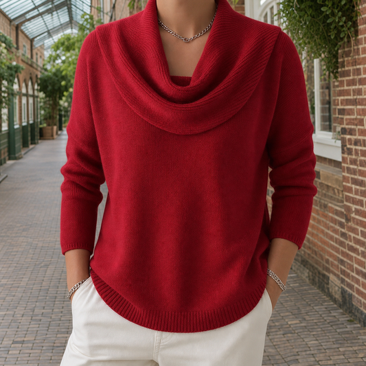 Thora | Striktrøje Rød Vandfaldskrave til Kvinder