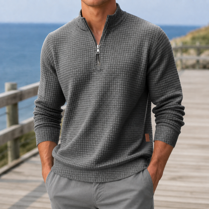 Jorn | Vaffelstrikket Sweater Grå Kvart-Lynlås til Mænd