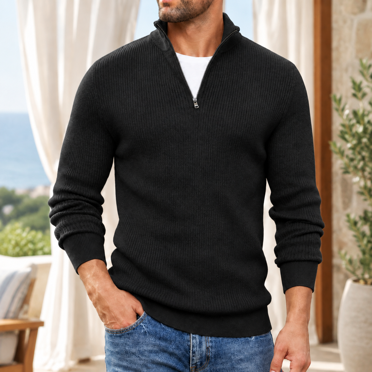 Just | Half-Zip Striktrøje Beige Ribstrik til Mænd
