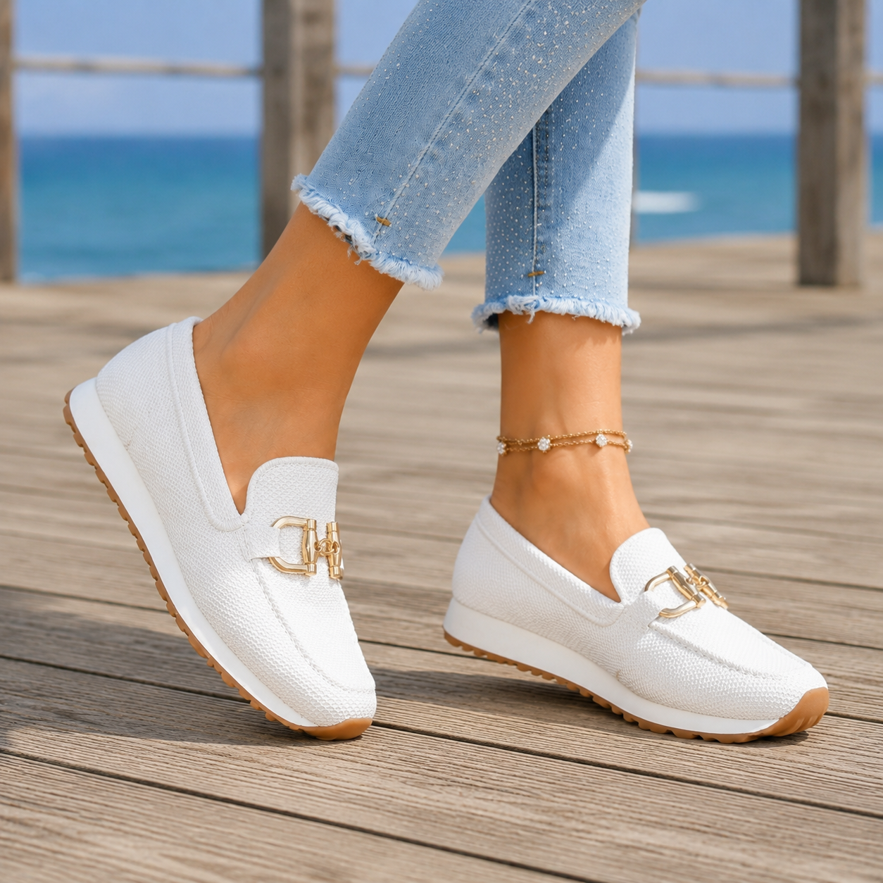 Priscilla | Sneakers Beige Slip-On Med Gulddetalje til Kvinder