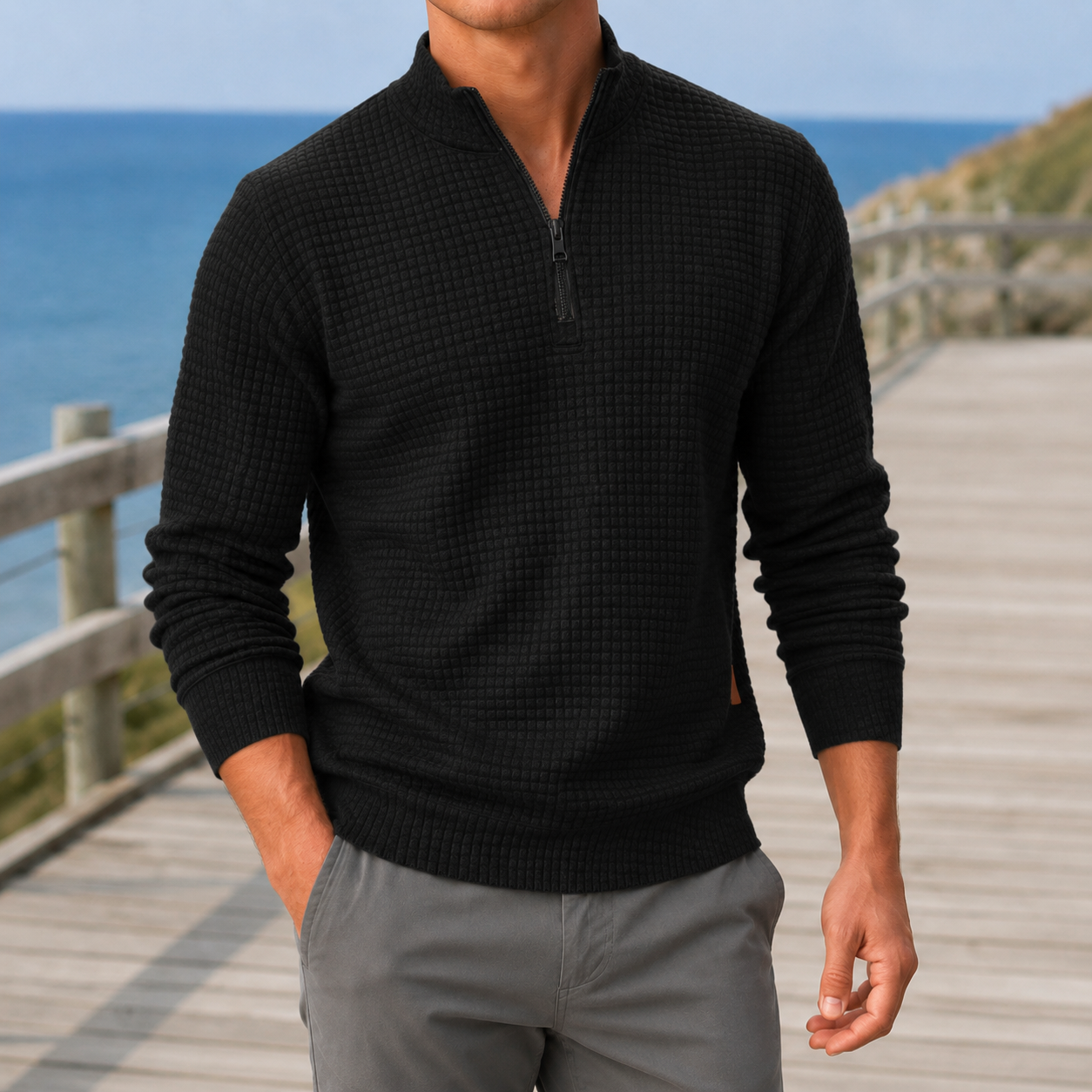 Jorn | Vaffelstrikket Sweater Grå Kvart-Lynlås til Mænd