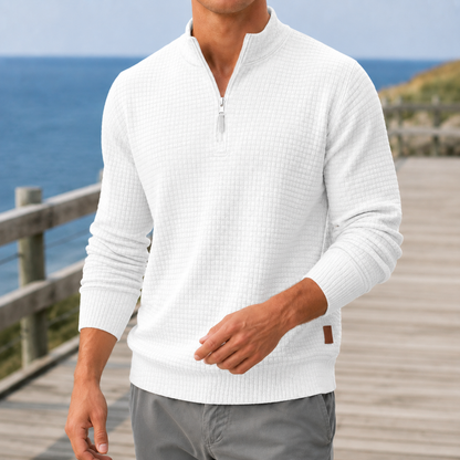 Jorn | Vaffelstrikket Sweater Grå Kvart-Lynlås til Mænd